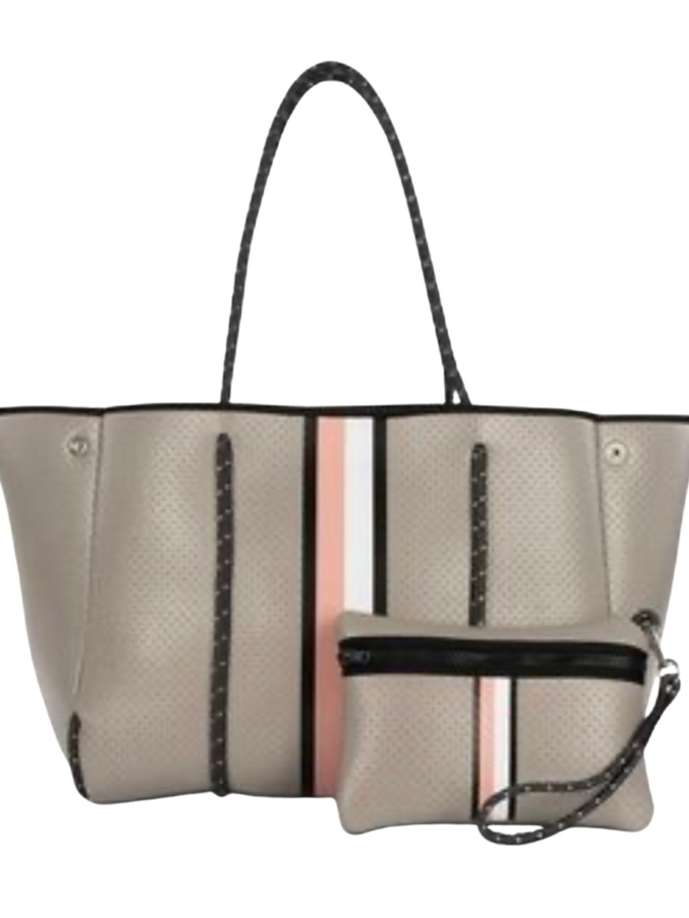 HAUTE SHORE Neoprene Beige Tote with Pink and White Center Stripe & Sm Zip Bag